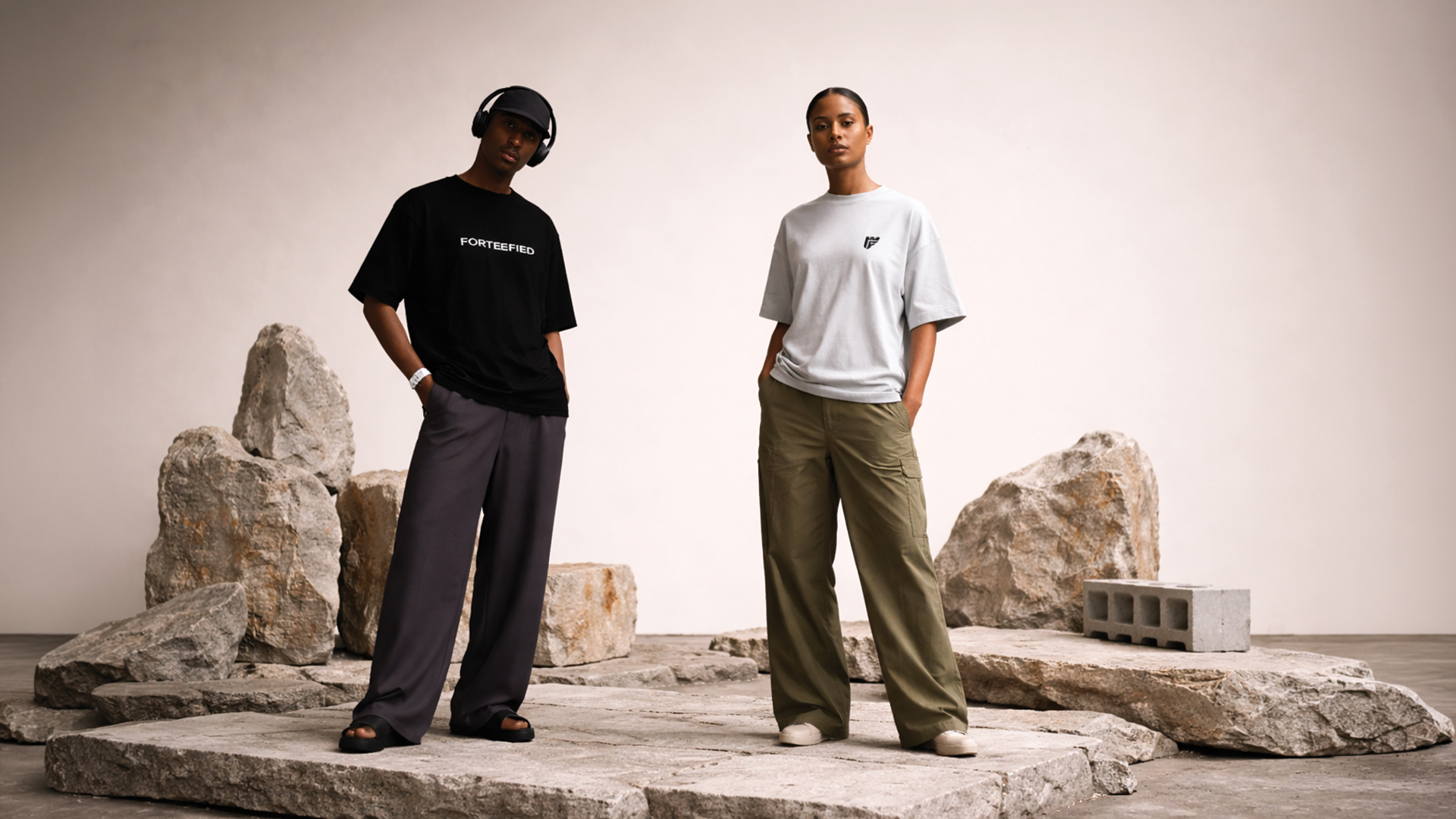 Two people standing on a platform with large rocks in a minimalistic setting - Forteefied Cover